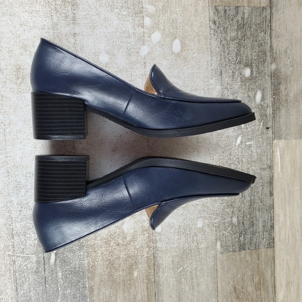 LifeStride Devyn Womens Loafers Sz 6.5 M Navy Faux Leather Slip On Block‎ Heel